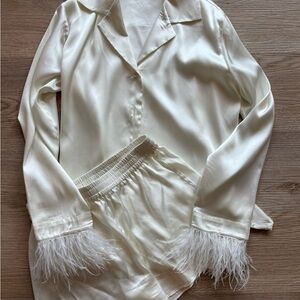 Audrey Adele (Anthropologie) Feather-Trim Pajama Blouse & Shorts Set Ivory Bride